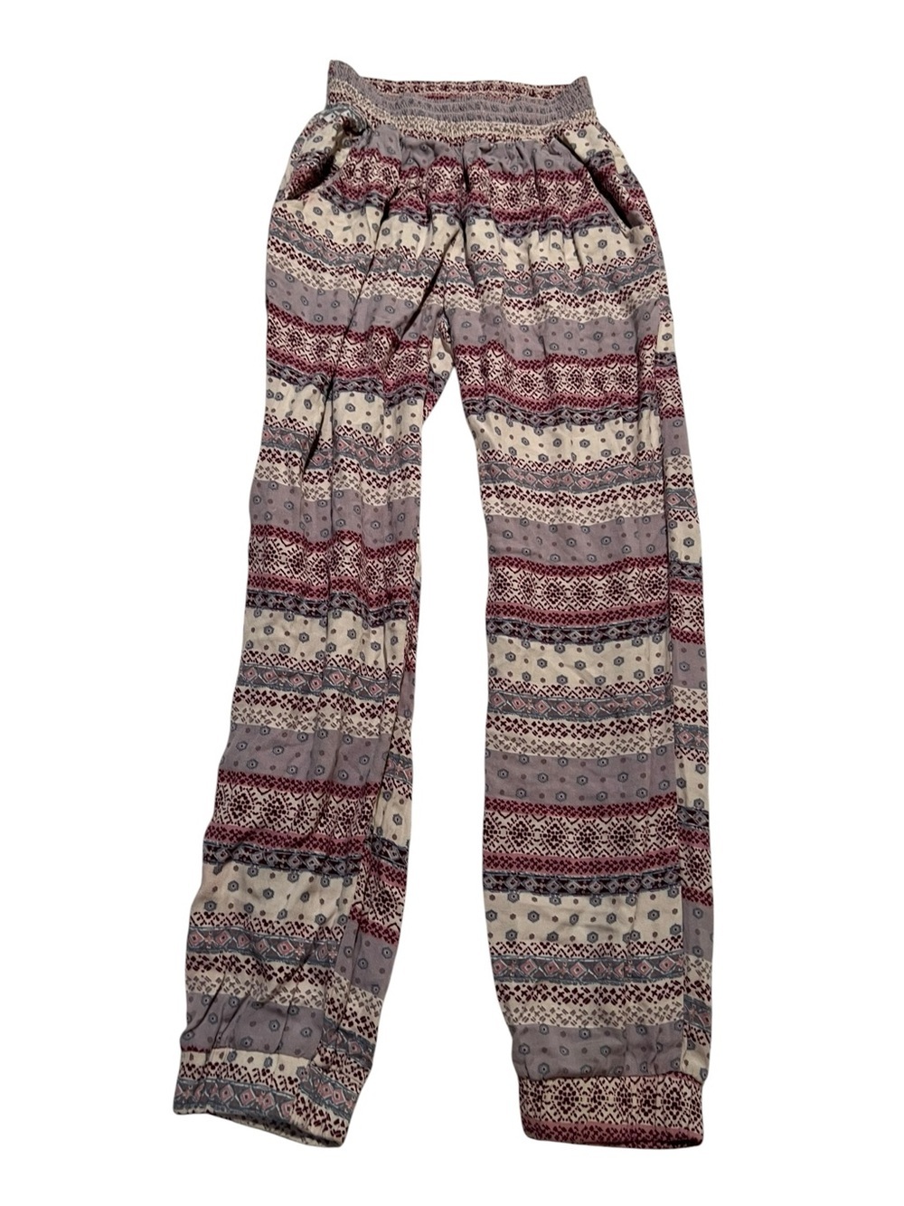 Don't Ask Why Womens One Size Harem Pants Gray Burgundy Geometric Stripe Pockets